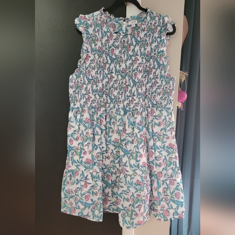 Smocked Floral Mini Dress in White with Teal & Pink
